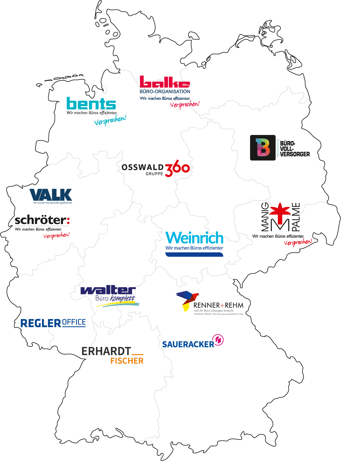 Karte von Deutschland mit Logos der Partnerfirmen von Schröter GmbH im Bereich Bürolösungen und C-Artikel-Management.
