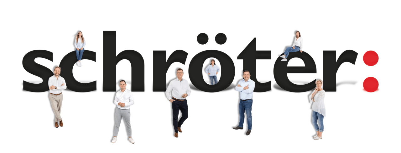 Schröter GmbH Logo mit Teammitgliedern, das C-Artikel-Beschaffung und E-Procurement-Lösungen visualisiert.