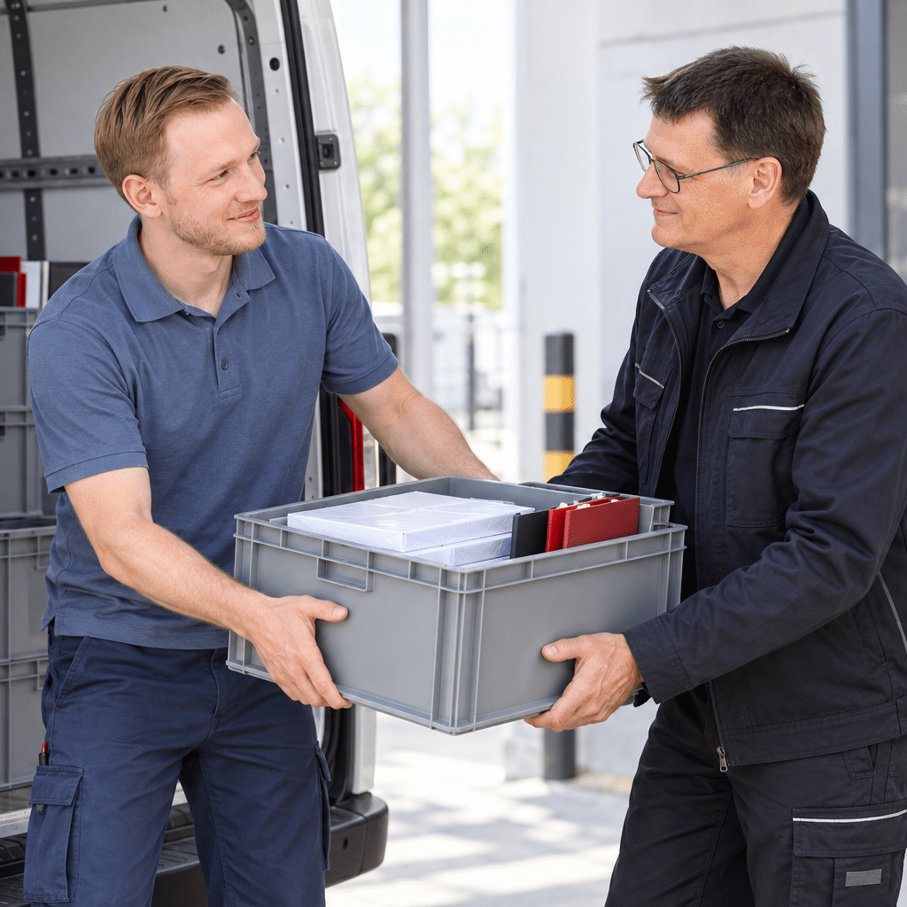 Zwei Männer laden Kiste in Transporter, effizienter C-Artikel-Transport der Schröter GmbH für optimierte Beschaffung.