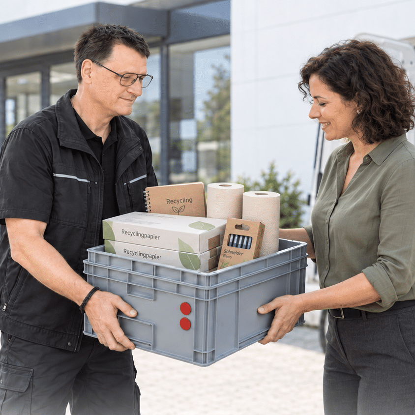 Mitarbeiter der Schröter GmbH bei der Lieferung von Büromaterialien zur Optimierung der C-Artikel-Beschaffungsprozesse.