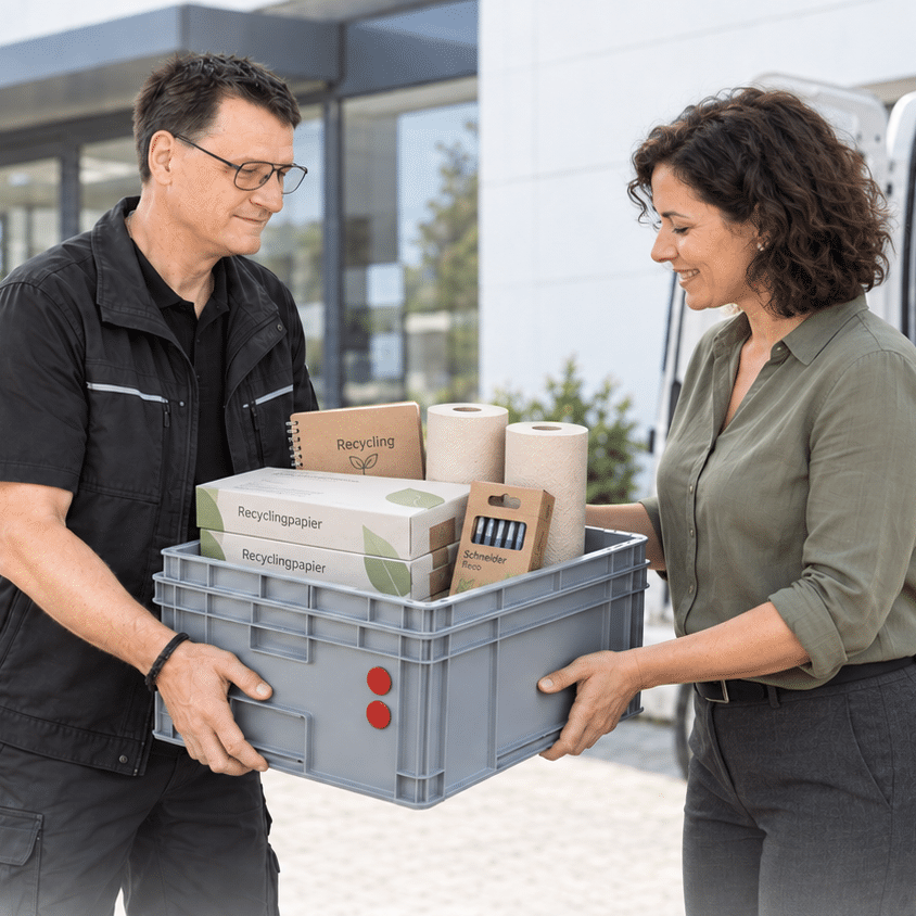 Zwei Personen übergeben eine Kiste mit Recycling-Büromaterialien vor einem Firmengebäude.