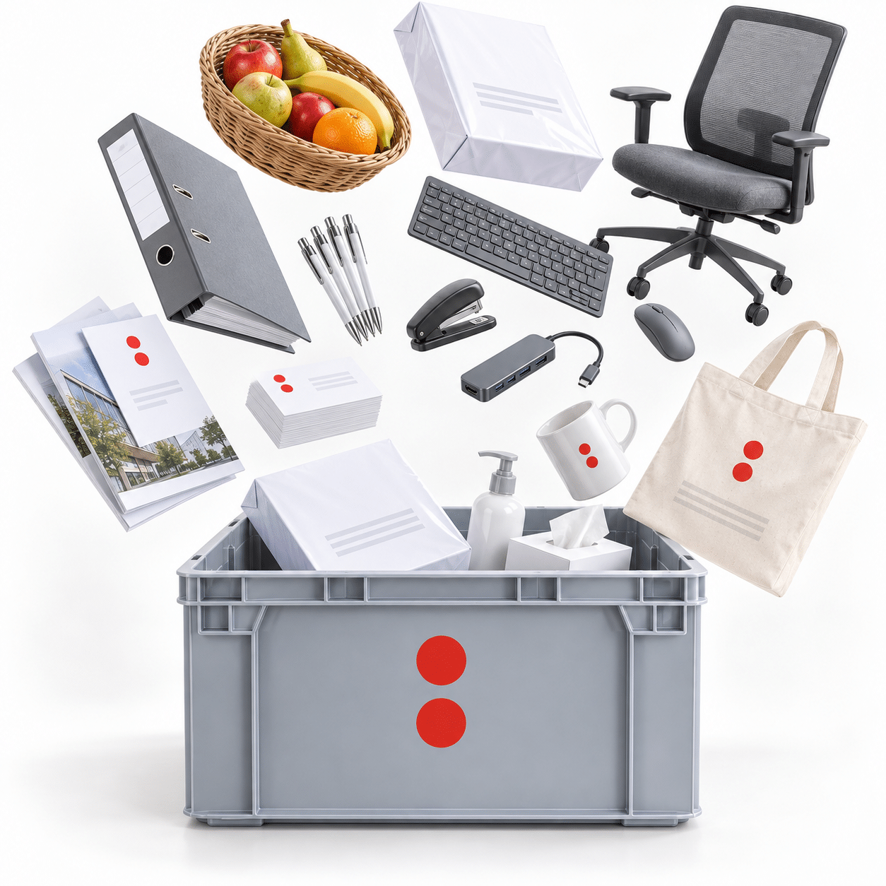 Kiste mit Büroartikeln wie Stuhl, Papier, Ordner, Tasse und Obstkorb; Symbol für Schröter GmbH C-Artikel-Management.