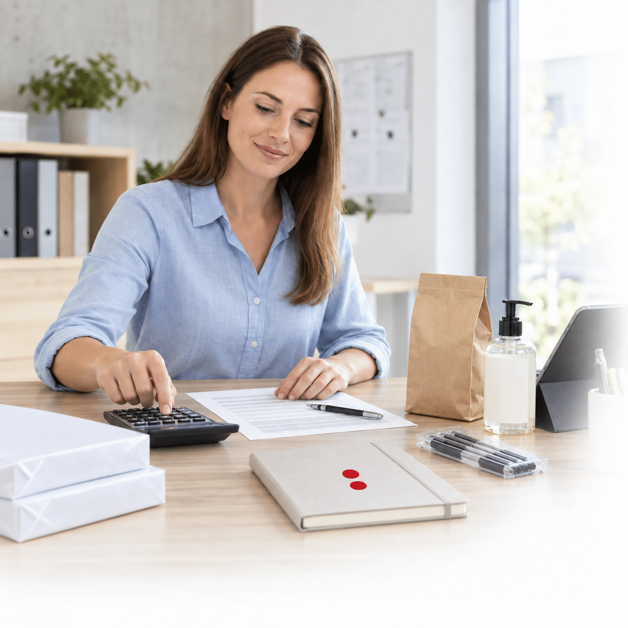Frau am Schreibtisch, nutzt Taschenrechner, umgeben von Büromaterialien. Schröter GmbH, optimiert Beschaffungsprozesse.