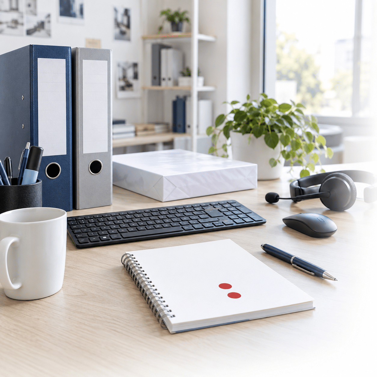 Moderner Schreibtisch mit Ordnern, Tastatur, Maus, Notizbuch und Pflanze bei Schröter GmbH, Experte für C-Artikel-Management.