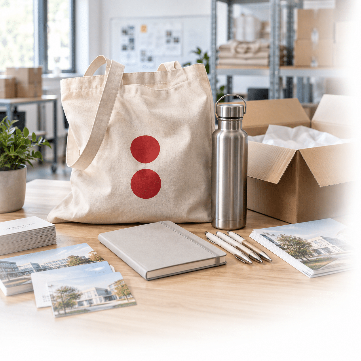 Tasche, Trinkflasche und Schreibwaren auf einem Schreibtisch in einem Büro, Schröter GmbH, Spezialist für C-Artikel-Beschaffung.