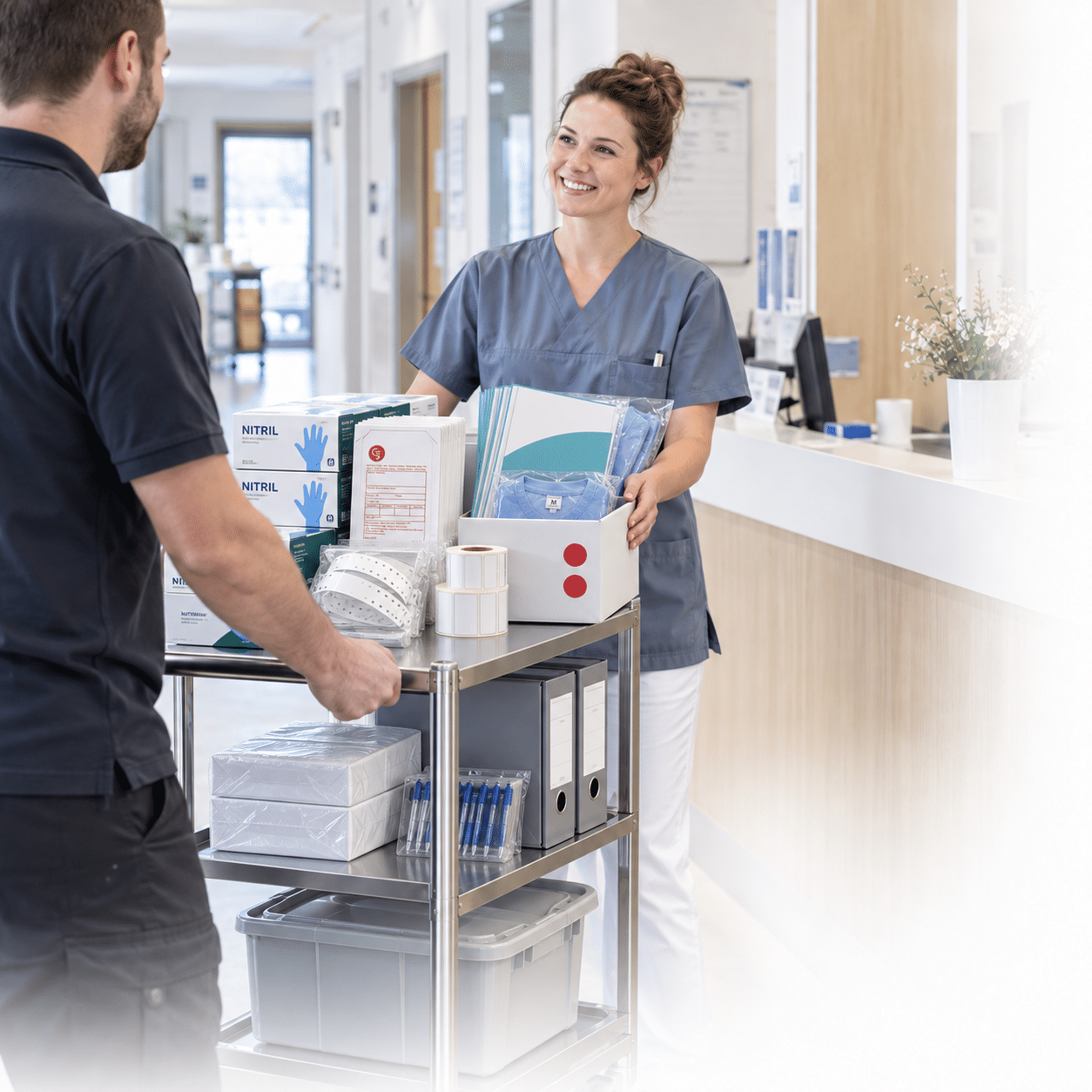 Mitarbeiter im Gespräch über C-Artikel-Lieferung im Büro, optimiert durch Schröter GmbH E-Procurement-Lösung.
