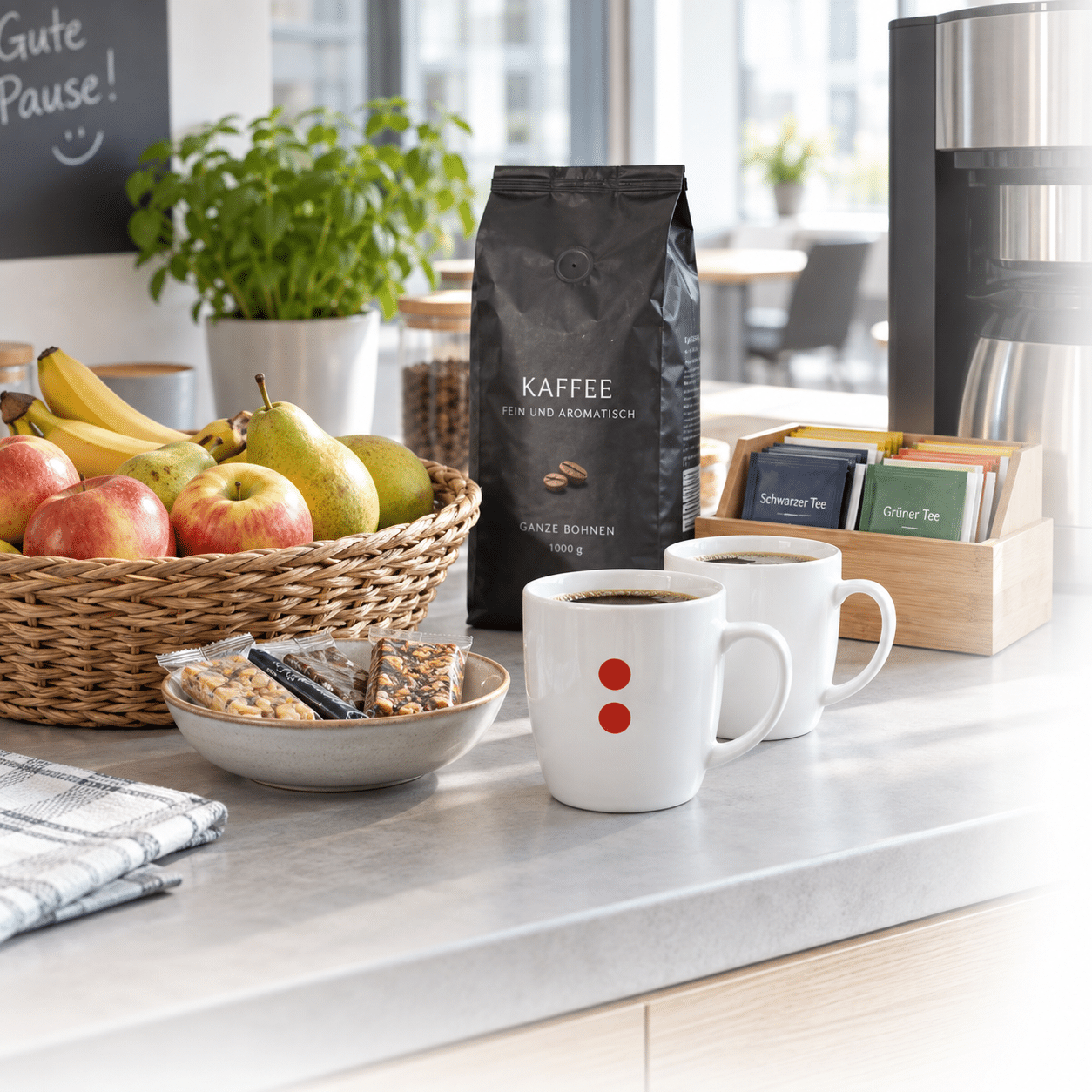 Kaffeepause bei Schröter GmbH: Früchtekorb, Tassen, Kaffee, Tee und Snacks auf Bürotheke. Effiziente C-Artikel-Beschaffung.