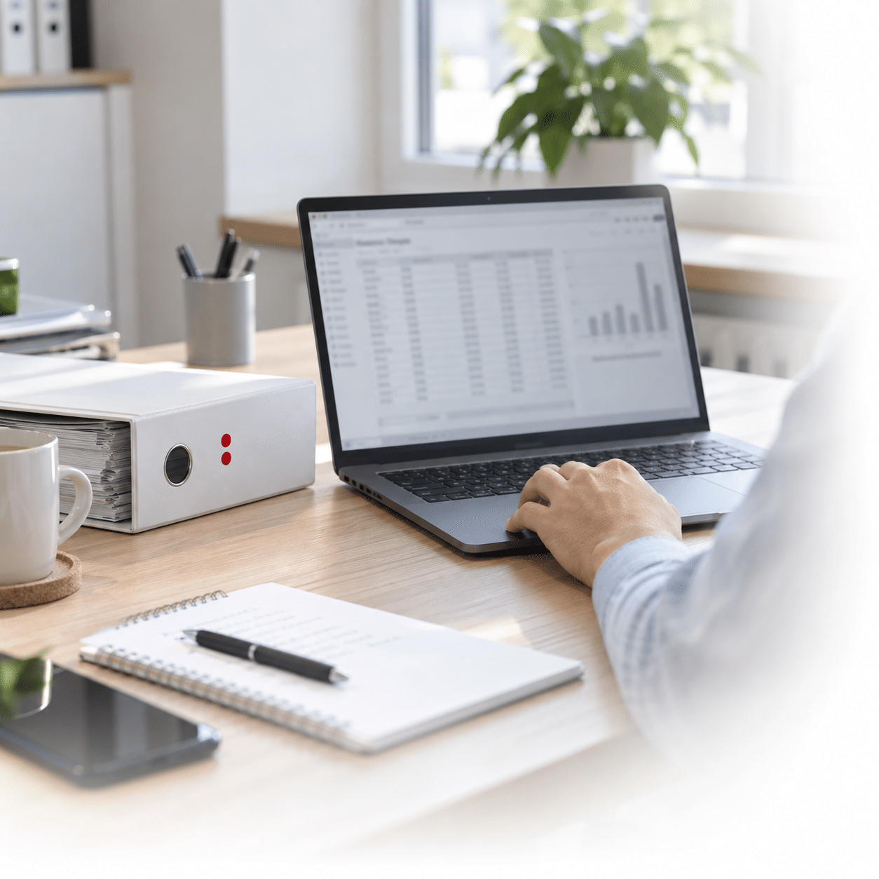 Person arbeitet am Laptop mit Tabellen, Ordner und Notizbuch auf Schreibtisch. Schröter GmbH optimiert Beschaffungsprozesse.