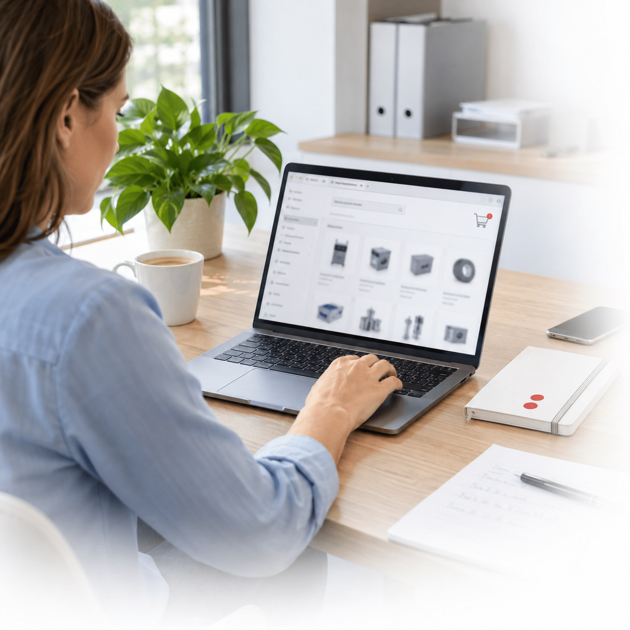 Frau am Laptop bei der Beschaffung von Büromaterialien über die Schröter GmbH E-Procurement-Plattform, effizient und modern.