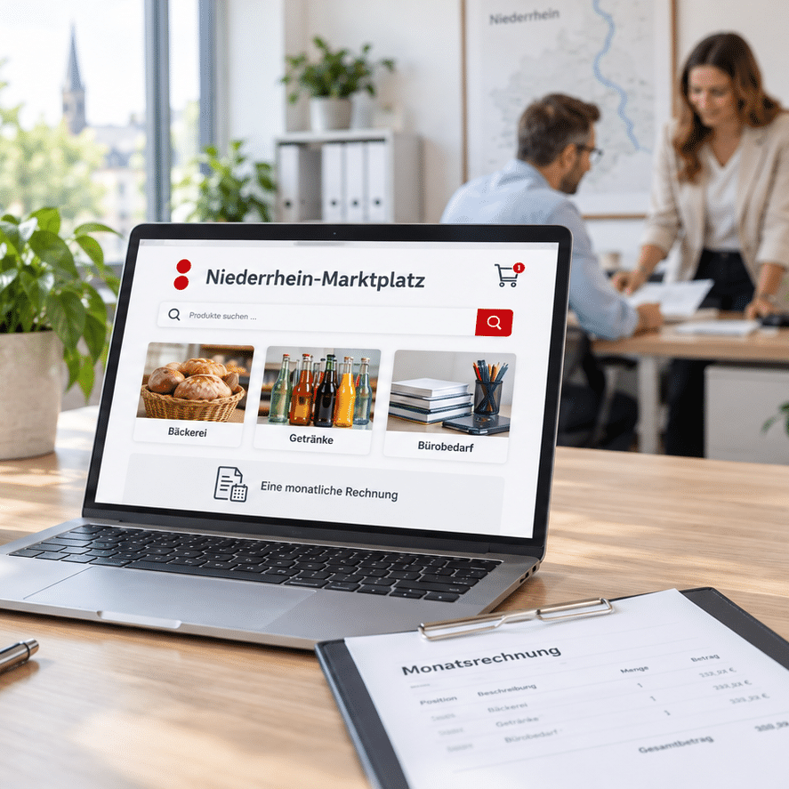 Laptop auf Schreibtisch mit Online-Marktplatzseite, Kaffee und Pflanzen im Büro der Schröter GmbH, fokussiert auf E-Procurement.