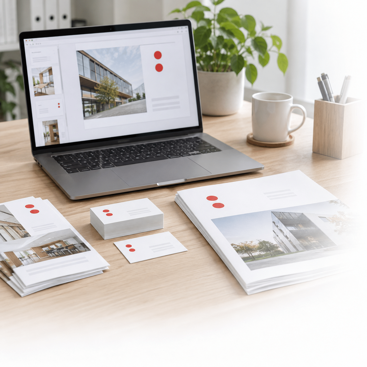 Laptop mit geöffnetem Präsentationsdokument, Visitenkarten und Broschüren auf einem Schreibtisch, plantenhinterlegt.