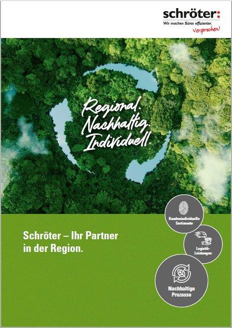 Luftaufnahme eines Waldes mit grüner Schrift: Regional, Nachhaltig, Individuell. Schröter GmbH, Partner für C-Artikel-Beschaffung.