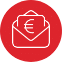 Ein Briefumschlag mit Euro-Symbol, symbolisiert effizientes E-Procurement bei Schröter GmbH, roter Hintergrund.