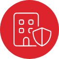 Icon einer Firma mit Schutzschild, symbolisiert C-Artikel-Management und E-Procurement-Lösungen für optimierte Beschaffung.