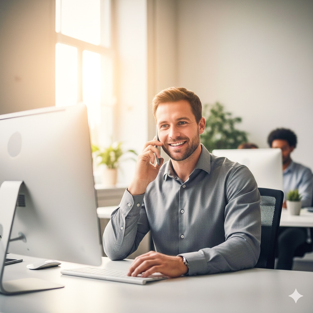 Ein Mann telefoniert lächelnd im Büro am PC. Modernes Arbeitsumfeld bei Schröter GmbH, einem Anbieter für C-Artikel-Beschaffung.