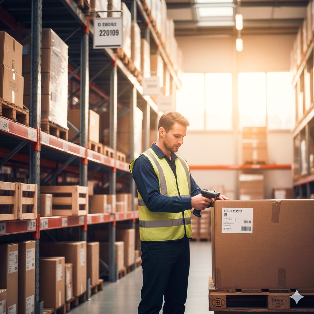 Mitarbeiter scannt Karton im Schröter GmbH Lager, optimiert C-Artikel-Beschaffung und E-Procurement-Prozesse.