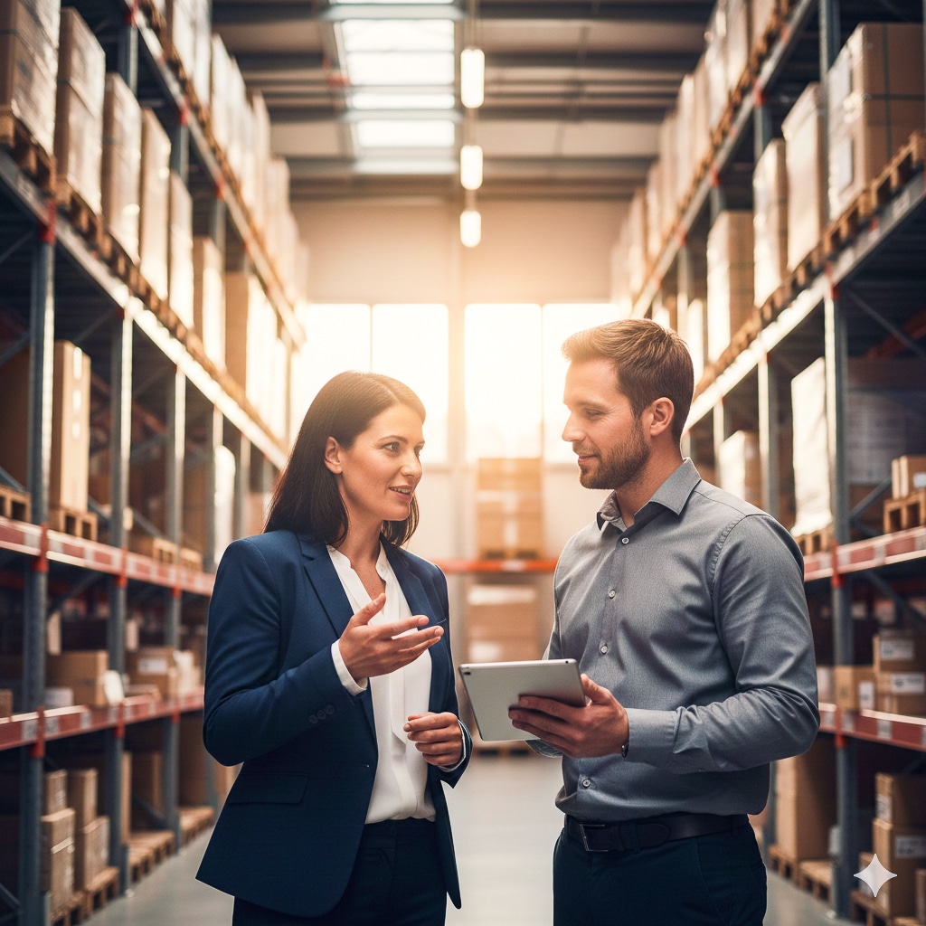 Zwei Personen in einem Lager diskutieren C-Artikel-Management-Lösungen der Schröter GmbH. Effiziente Beschaffung.